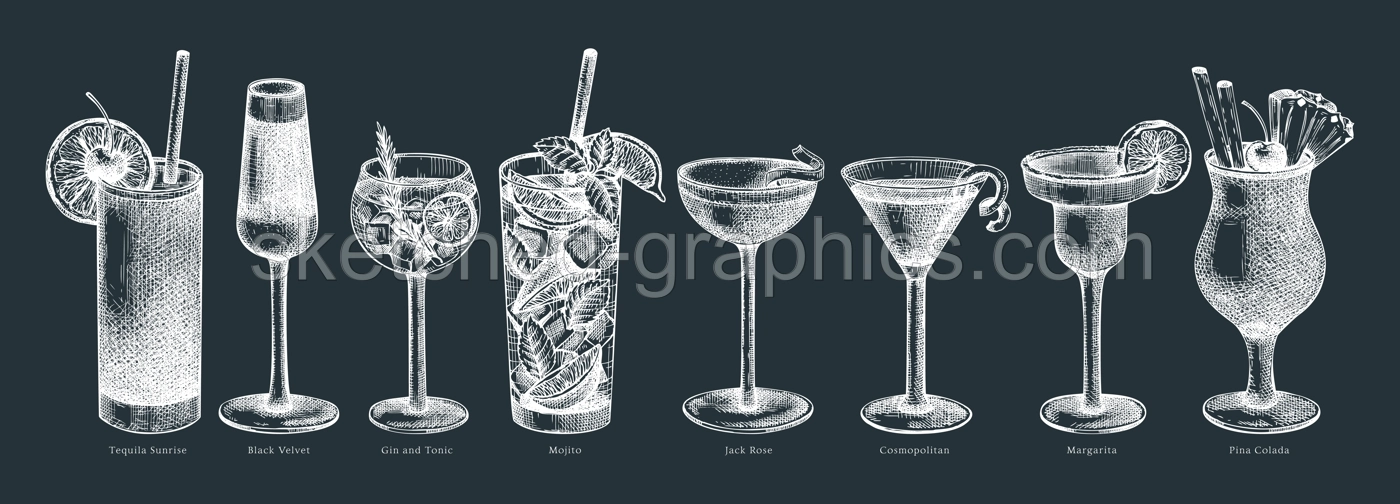 Hand-sketched cocktail illustrations set. Vector sketch of alcoholic drinks in an elegant glasses. Popular alcohol cocktails hand-drawing for bar or restaurant menu isolated on white  Illustration